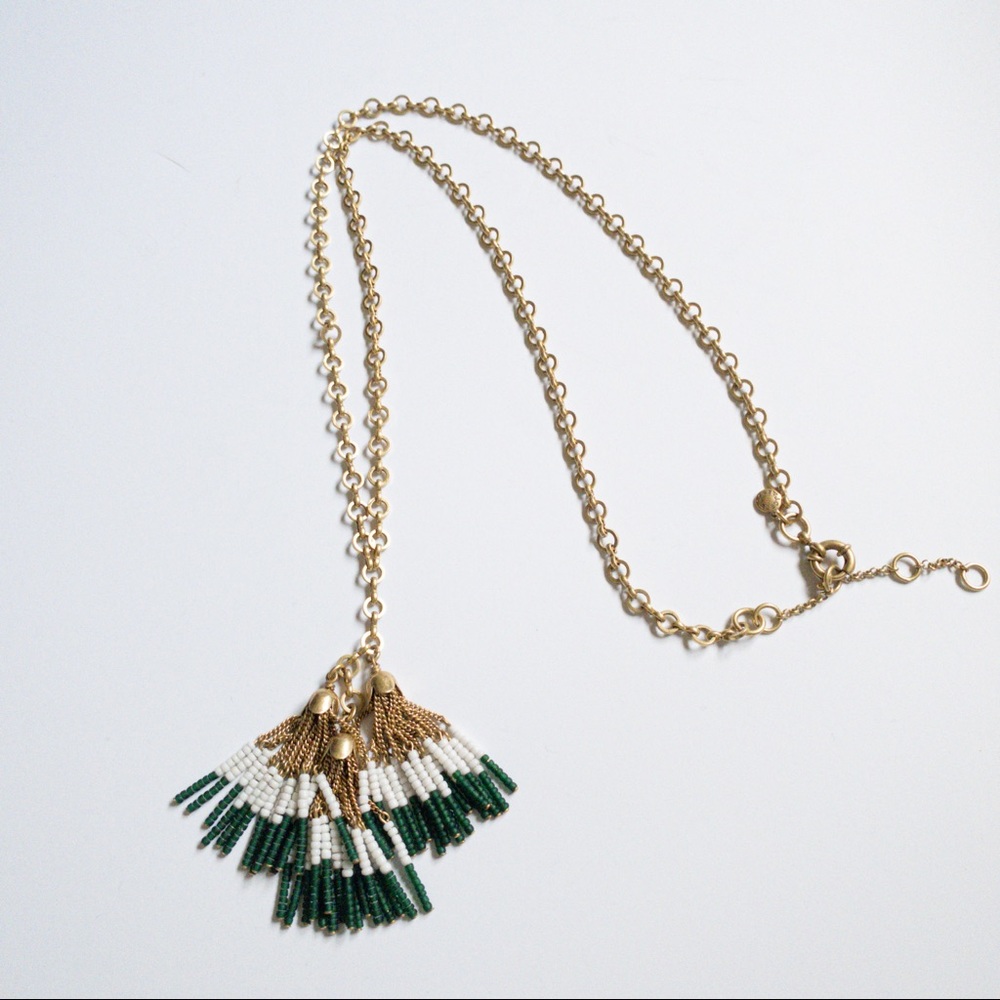 J.Crew Women’s Gold Green White Beaded Tassel Necklace